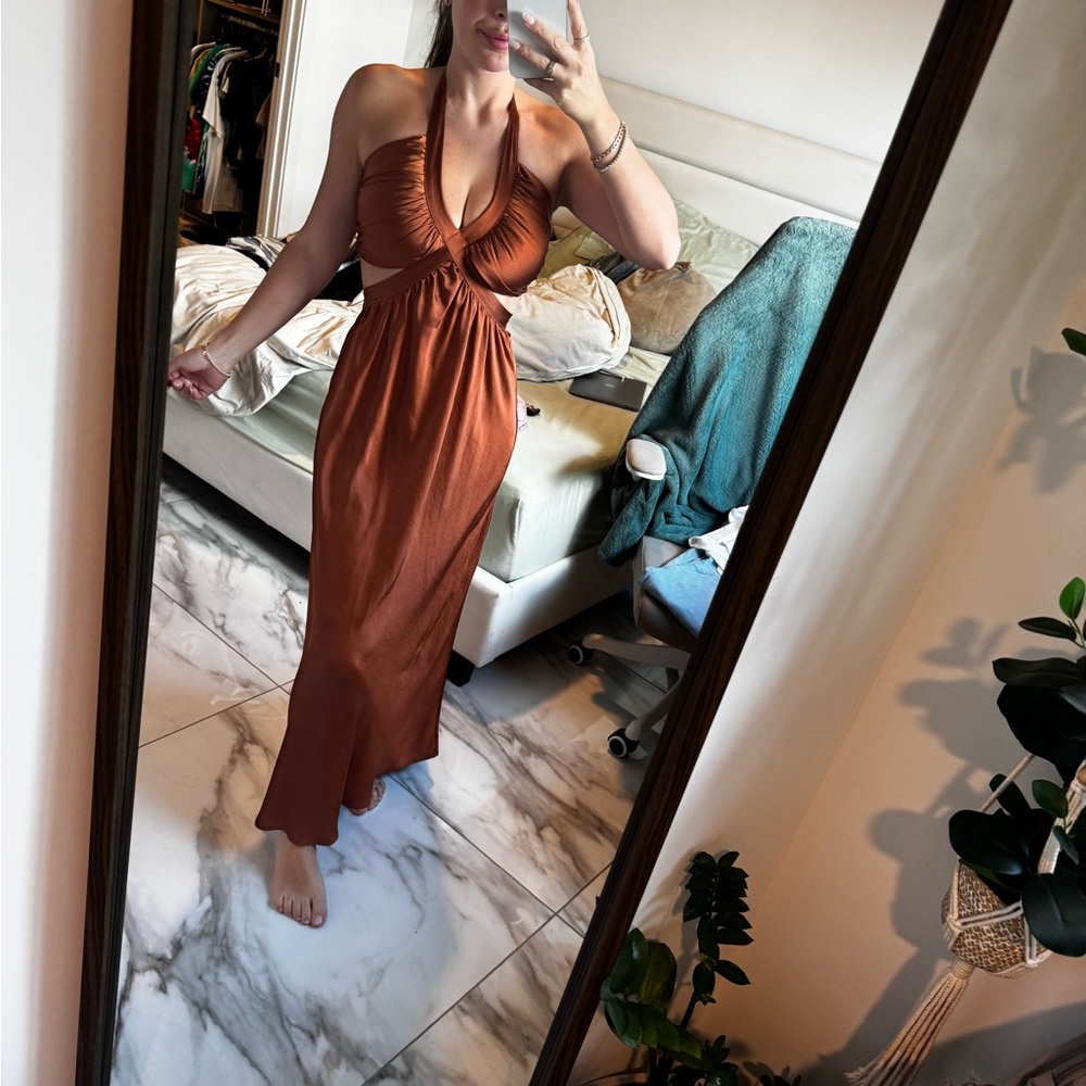 Rust Brown Lineanddot Halter Maxi Dress